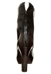 Czarny skórzany botek na wysokim obcasie z wycięciem w kształcie litery V, bocznym zamkiem błyskawicznym i fakturowanym obcasem. Gładkie wykończenie z elegancką sylwetką.