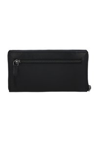 Portafoglio in pelle nera con texture liscia, forma rettangolare, chiusura con cerniera e tasca esterna con zip per ulteriore spazio di archiviazione.