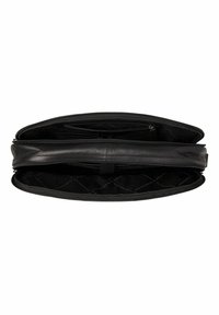 Schwarze Lederlaptoptasche mit einem Reißverschluss. Das Innenfutter weist ein gestepptes Muster auf und bietet mehrere Fächer zur Organisation.