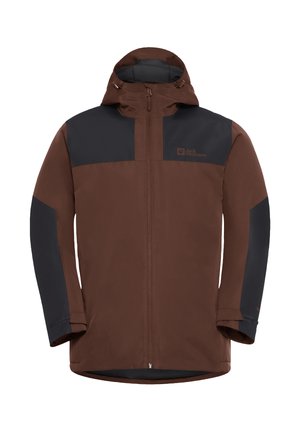 Giacca impermeabile marrone con zip frontale, cappuccio regolabile e accenti blu navy su spalle e maniche. Presenta un piccolo logo sul petto.