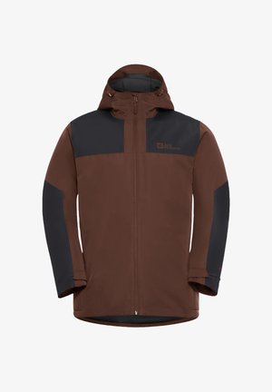 Veste imperméable marron avec une fermeture éclair sur le devant, capuche ajustable et accents marine sur les épaules et les manches. Dotée d'un petit logo sur la poitrine.