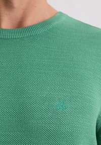 Grüner Strickpullover mit einem gerippten Ausschnitt und einem dezenten Markenlogo in derselben Farbe. Die Textur ist fein mit einem gleichmäßigen, weichen Finish.