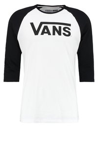 Weißes Baseball-T-Shirt mit schwarzen Dreiviertelärmel, das auf der Vorderseite ein großes schwarzes "VANS"-Logo trägt. Weiches Baumwollmaterial. Einfaches Design.