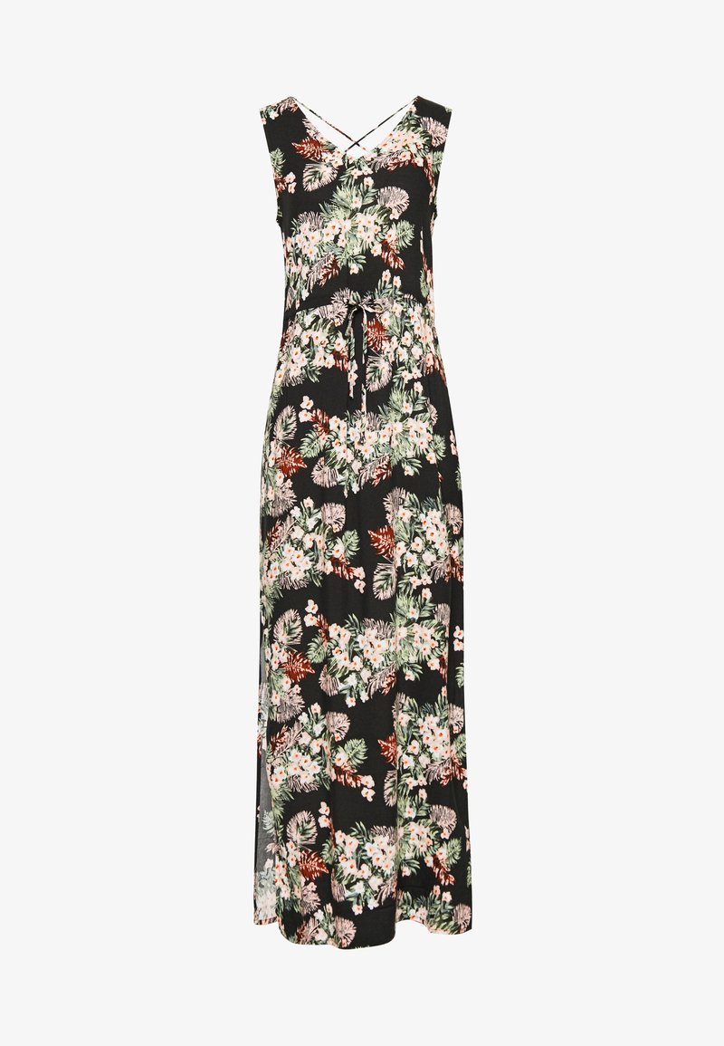 Robe maxi florale en tissu noir avec des motifs botaniques verts, roses et blancs. Comprend des bretelles croisées et un détail de taille à nouer.
