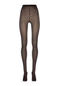 Sorte strømpebukser med et helover interlocking diamantmønster og en solid talje.