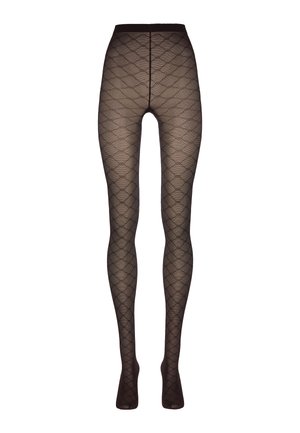 Collant neri trasparenti con un motivo a rombi interconnessi su tutta la superficie e una vita solida.