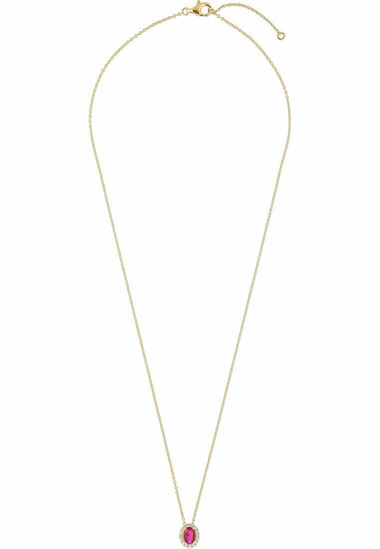 Goldene Halskette mit einem rosafarbenen ovalen Edelstein, umgeben von kleinen klaren Steinen. Zartes Design mit Karabinerverschluss.