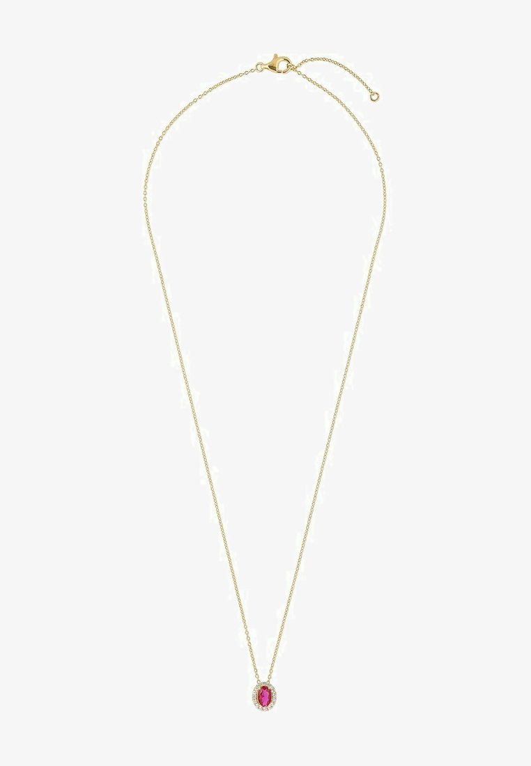Goldene Halskette mit einem rosafarbenen ovalen Edelstein, umgeben von kleinen klaren Steinen. Zartes Design mit Karabinerverschluss.