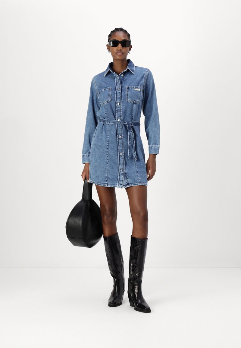 calvin klein blue jean dress Jeans LABEL SHIRT - Denim Size:One size(Bust 32.5-41 inches) perfect for casual wear Women's Black Embellished/Sequin Mini butter yellow style