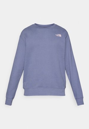 Blue long-sleeve crewneck sweatshirt with ribbed cuffs and hem, featuring a small white The North Face logo on the upper left chest.