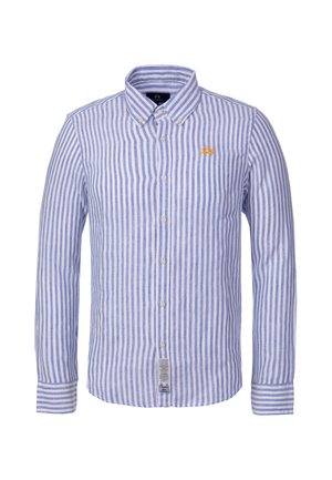 Chemise à manches longues boutonnée avec des rayures verticales bleues et blanches, col boutonné et petit logo orange sur la poitrine gauche.