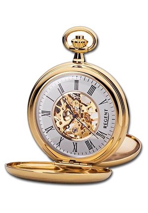 Gold pocket watch with a skeleton dial showcasing internal mechanics, Roman numerals, and a polished finish. Key design includes a hinged case.