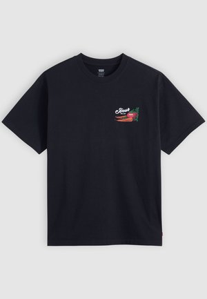Black cotton t-shirt featuring a left chest graphic with the word "Fresh" in white and colorful vegetables, round neck, short sleeves, plain design.