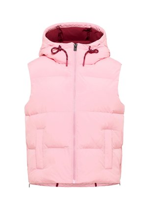 Pink puffer vest with a hood, featuring a two-way front zipper, two side pockets, and interior lining in a darker shade of pink.