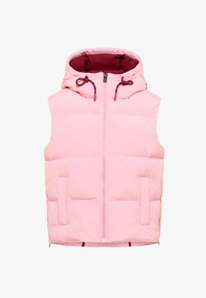 Roza puhovka brez rokavov s kapuco, ki ima sprednji dvosmerni zadrgo, dva stranska žepa in notranjo oblogo v temnejšem odtenku roza barve.