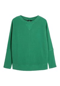 Sweat-shirt vert avec un design texturé, col en V, manches longues et coupe décontractée. Fabriqué en matière tricotée douce.