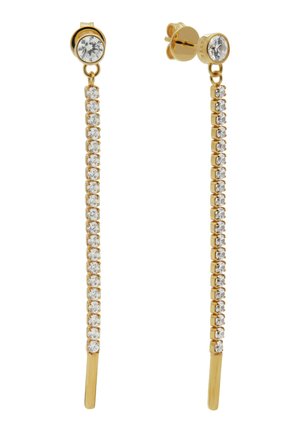 Guldøredrops med en stor klar sten som nitte og en hængende lodret række af mindre klare sten.