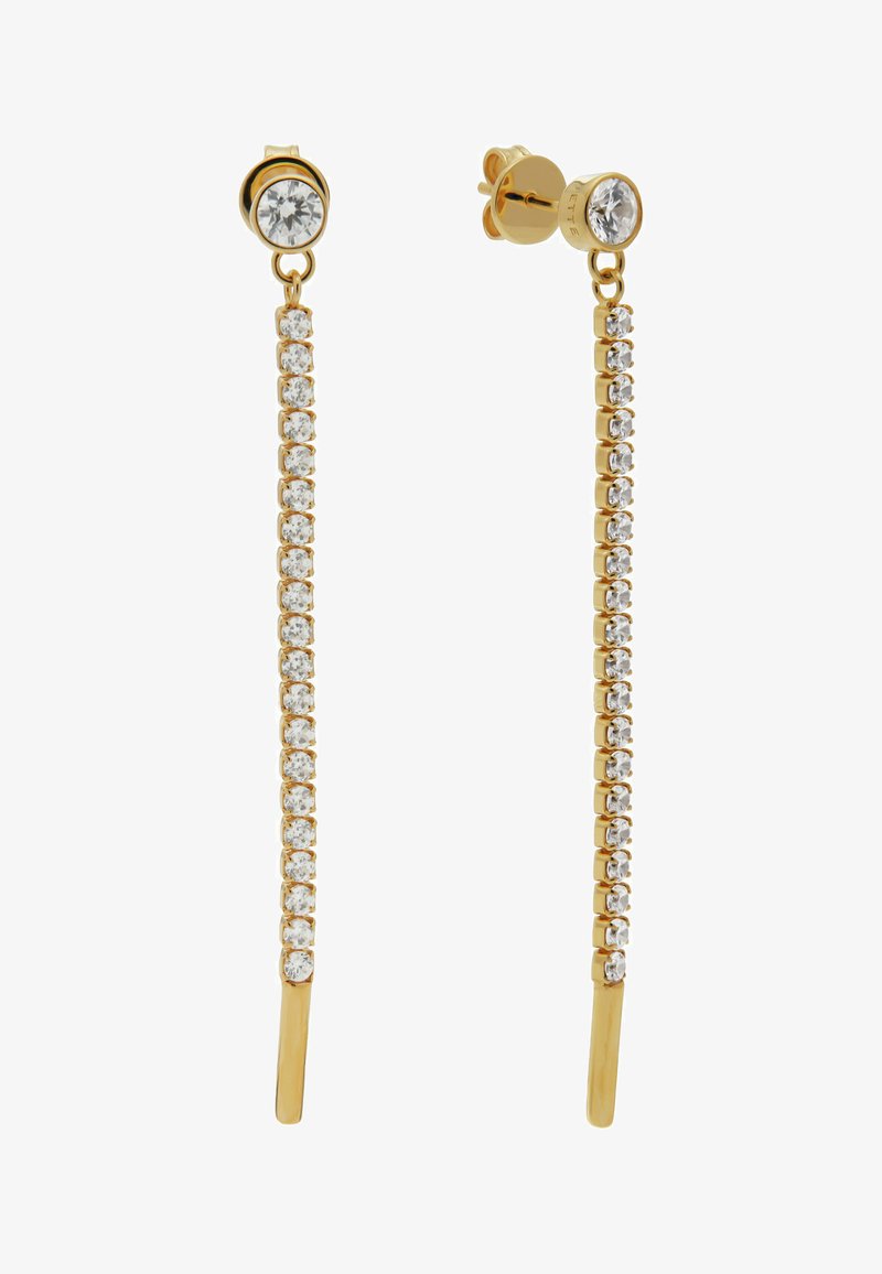 Gouden druppel oorbellen met een grote heldere steen als steker en een hangende verticale rij van kleinere heldere stenen.