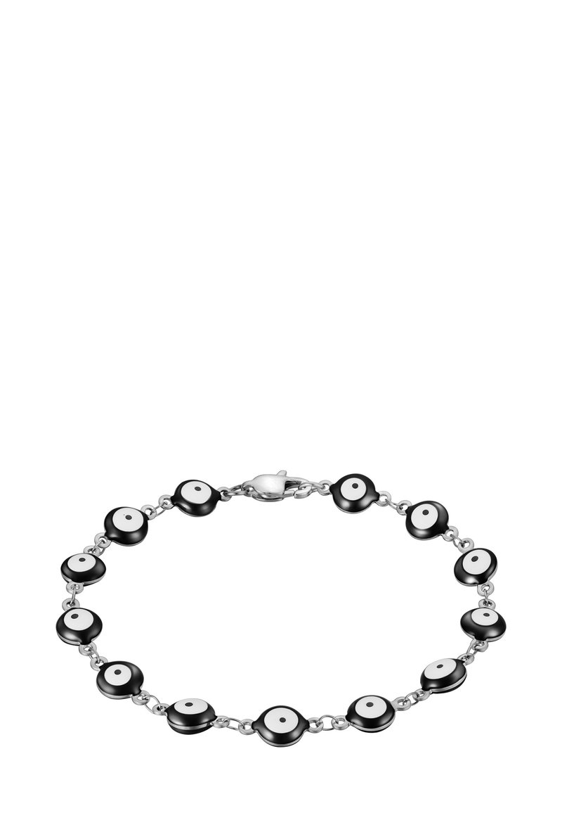 Pulsera en blanco y negro que presenta cuentas redondas con patrones circulares, unidas por una cadena metálica y aseguradas con un cierre de color plateado.
