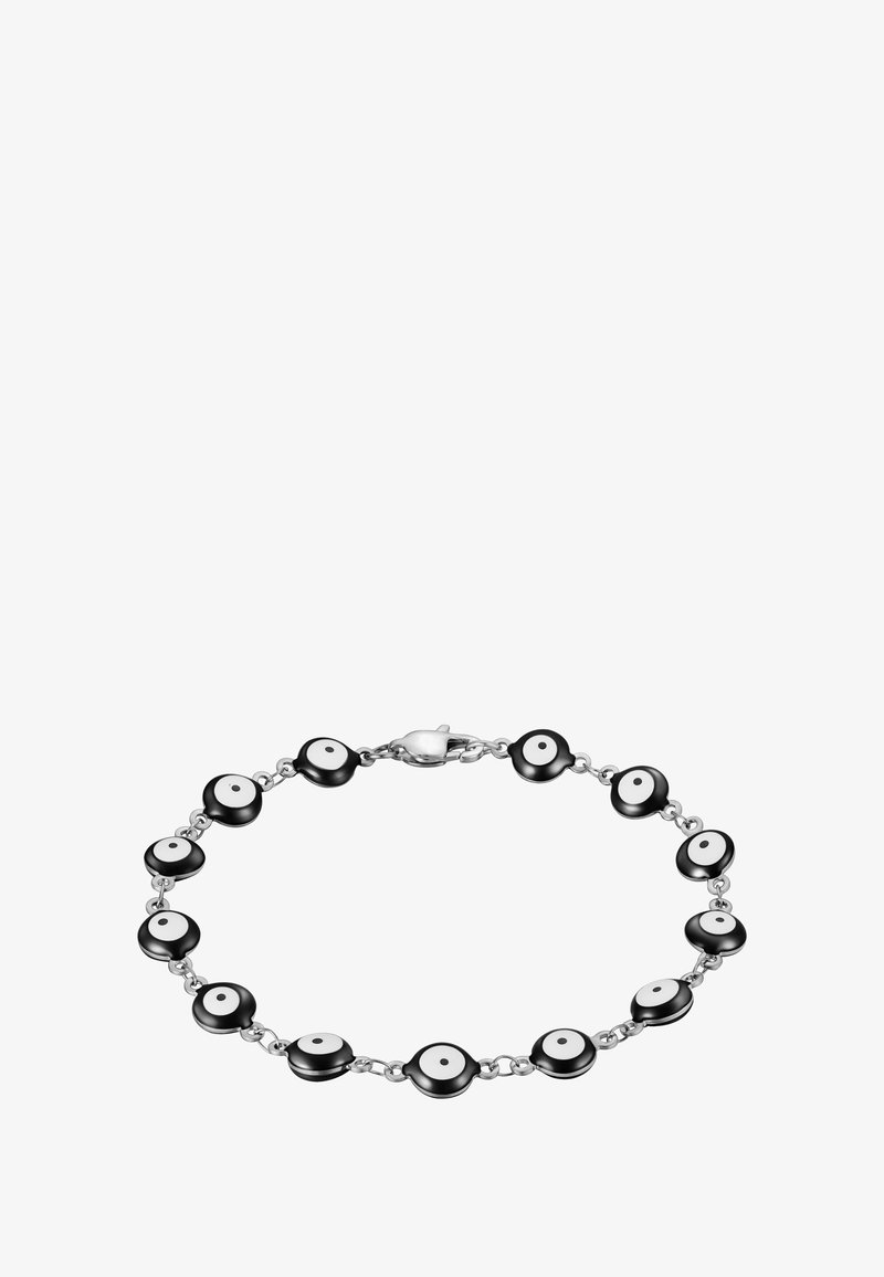 Pulsera en blanco y negro que presenta cuentas redondas con patrones circulares, unidas por una cadena metálica y aseguradas con un cierre de color plateado.