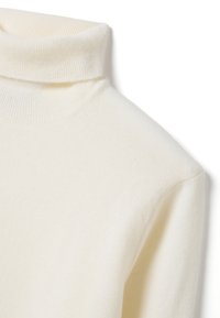 Beiger Rollkragenpullover aus weichem, leichtem Strickmaterial; mit geripptem Kragen und glatter Textur; minimalistisches Design, ohne sichtbare Muster.