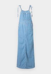 Abito salopette in denim azzurro chiaro con spalline regolabili, tasche frontali e dettagli con bottoni sui lati. Design lungo e svasato.