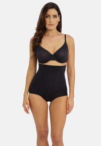 Reggiseno nero e shapewear a vita alta, tessuto morbido, design senza cuciture, spalline regolabili e silhouette a copertura totale.