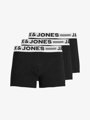 Boxer da uomo neri in cotone con elastico bianco brandizzato in vita. Tre pezzi esposti, caratterizzati da un design aderente e da una texture liscia.