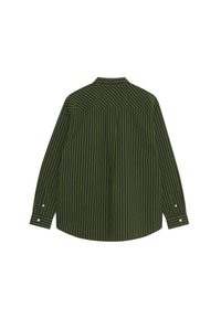 Grünes Langarmshirt mit vertikalen weißen Streifen, Kragen, Knopfmanschetten und einer einzelnen Rückenpasse. Glatter Stoffeinsatz.