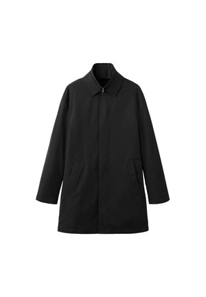 Abrigo negro con cuello, mangas largas y bolsillos laterales. Hecho de un tejido suave con un diseño recto. Cierre de cremallera en la parte delantera.