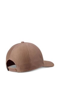 Brown mesh baseball cap with a structured design, featuring a curved brim and adjustable strap at the back. Textured surface detail visible.