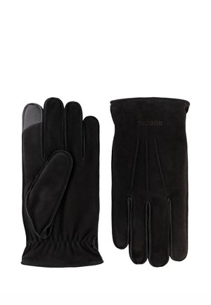 Pair of black suede gloves with elastic wrists, one showing palm side with reinforced thumb and fingertip patch.