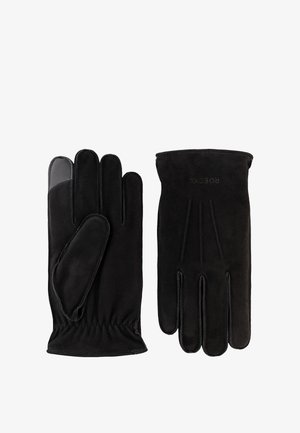 Pair of black suede gloves with elastic wrists, one showing palm side with reinforced thumb and fingertip patch.