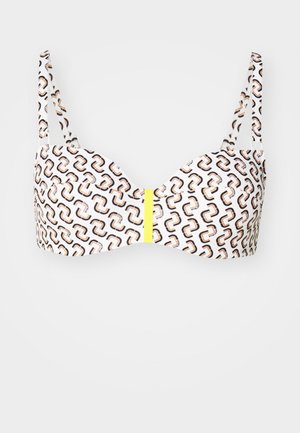 Weißer BH mit einem geometrischen Muster in Braun und Orange, akzentuiert durch einen gelben Streifen in der Mitte. Verstellbare Träger.