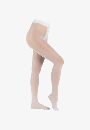 Collants blancs légers avec un motif à pois, dotés d'une taille douce et d'une texture lisse, conçus pour un look moulant.