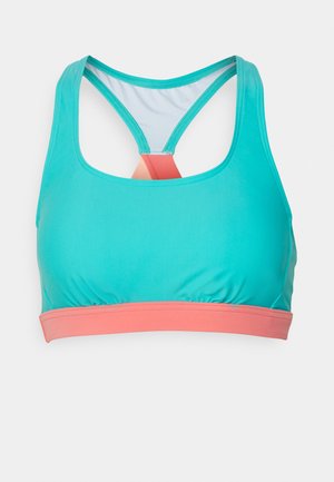 Türkiser Sport-BH mit einem korallenfarbenen Band, ausgestattet mit einem Rundhalsausschnitt und einem Racerback-Design. Glatte Textur, leichtes und dehnbares Material.