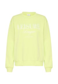 Limonkowa bluza z długim rękawem, okrągłym dekoltem i białym nadrukiem z napisem "LEISURE League" oraz "est. 1993" z przodu.