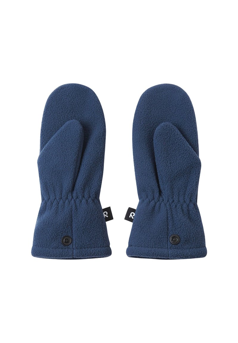 Marineblaue Fleece-Handschuhe mit klassischer Form, elastischen Bündchen und einem Knopfdetail am Handgelenk. Weicher Stoff für Wärme und Komfort.