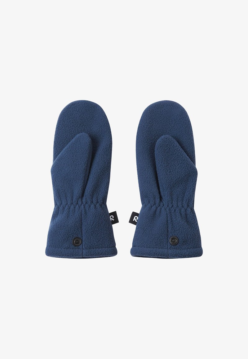 Granatowe polarowe rękawice o klasycznym kształcie, z elastycznymi mankietami i detalem w postaci guzika na nadgarstku. Miękka faktura zapewniająca ciepło i komfort.