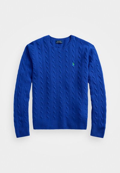 Camisola azul de malha com bainha e punhos canelados. Apresenta um pequeno logotipo verde de polo no peito. Feita de tecido macio e texturizado.