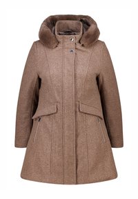 Bruine wollen jas met een capuchon, voorzien van een nepbontafwerking, een rits aan de voorkant en een drukknoopsluiting, en twee zijzakken. Geweven stof met verticale naden.