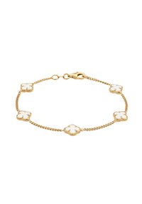 Goldkette Armband mit fünf weißen, blumenförmigen Akzenten, jeweils mit goldfarbenem Rand, und einem Karabinerverschluss.