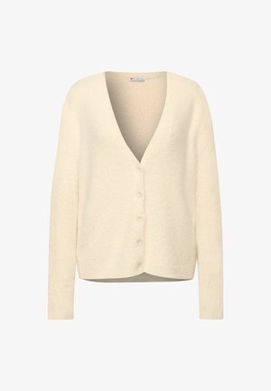 Cream-colored cardigan with a soft, textured fabric. Features a V-neck, long sleeves, and six buttons at the front. Cropped design.