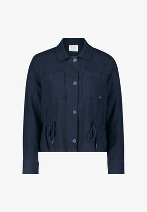 Veste courte bleu foncé en mélange de lin, dotée de deux poches avant, fermeture à boutons et taille à cordon pour un ajustement réglable.