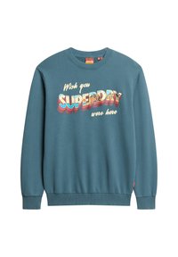 Sudadera azul verdosa con cuello redondo, puños acanalados y dobladillo, con un gráfico multicolor que dice "Desearía que SUPERDRY estuvieras aquí."
