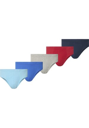 Five pairs of men's briefs in light blue, blue, gray, red, and dark blue, arranged in a diagonal row on a white background.