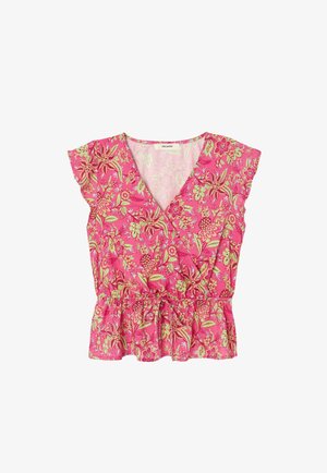 Blouse portefeuille rose à fleurs avec manches courtes, col en V, taille à cordon et ourlet volanté, avec motifs floraux verts et rouges.