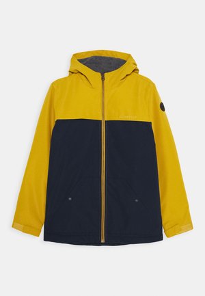 Żółto-granatowa kurtka z kapturem, zapinana z przodu na suwak, z dwoma kieszeniami i długimi rękawami zakończonymi rzepami.
