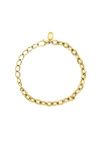 Złota bransoletka łańcuszkowa z owalnymi ogniwami, z zapięciem typu lobster i owalnym zawieszką, polerowana powierzchnia i jednolity wykończenie.