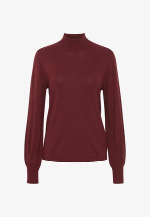 Pull à col roulé bordeaux avec des manches longues légèrement bouffantes, fabriqué en tissu tricoté doux, présentant une coupe ajustée et des accents côtelés au niveau de l'ourlet.